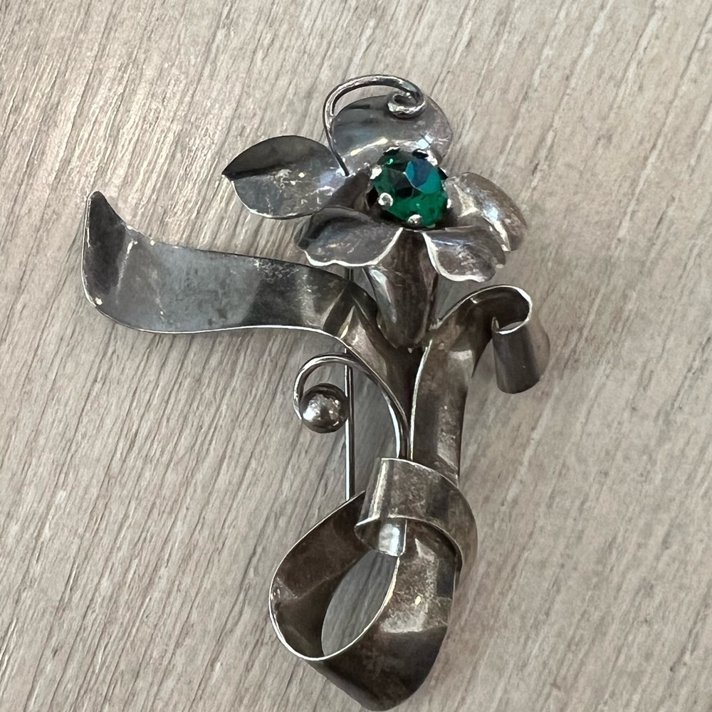 Vintage 925 Sterling Silver Vintage Carl Art Rhinestone Floral Design Pin Brooch - Picture 2 of 6